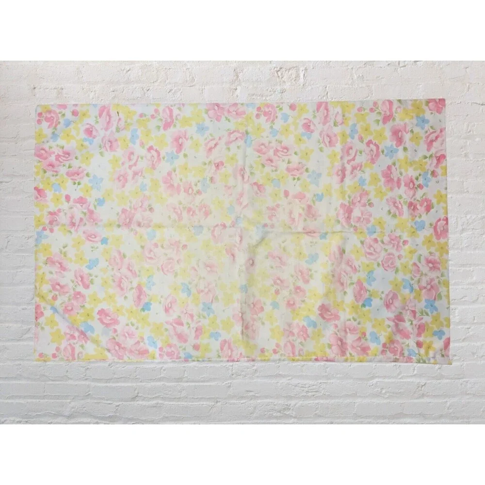 Vtg 80s Cannon Floral Set 2 Standard Pillowcases Pink Yellow Roses MCM Cottage